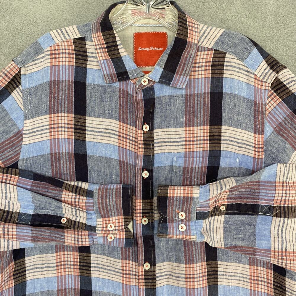 Tommy‎ Bahama Shirt Mens Large Blue Linen Island Modern Fit Plaid Button Down
